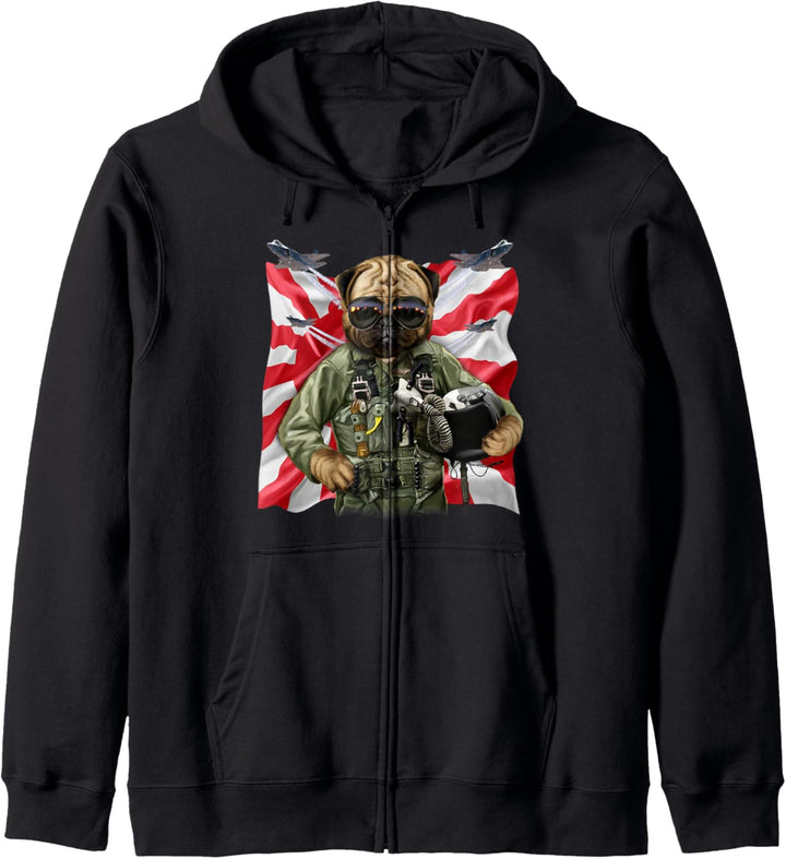 Mops als Kampfpilot mit japanischer Flagge Kapuzenjacke