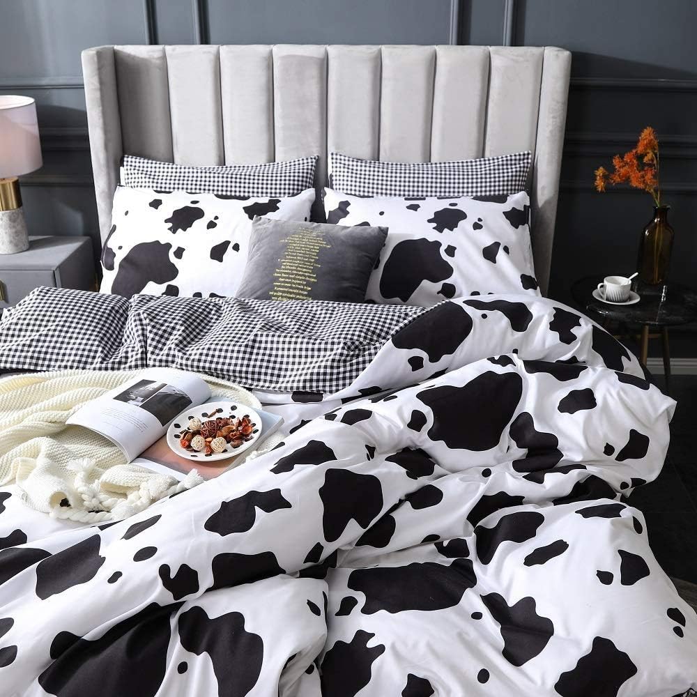 Homewish Kinder Karikatur Bettwäsche Set Kuhdruck Bettbezug Schwarz Weiss Trösterbezug Milchkuh Tier