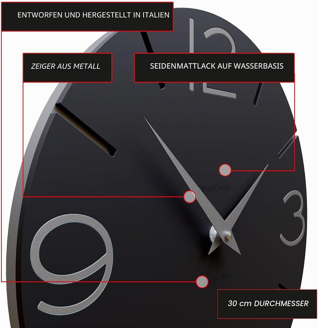 CalleaDesign 30 cm Black Smile Wanduhr Schwarz, Schwarz