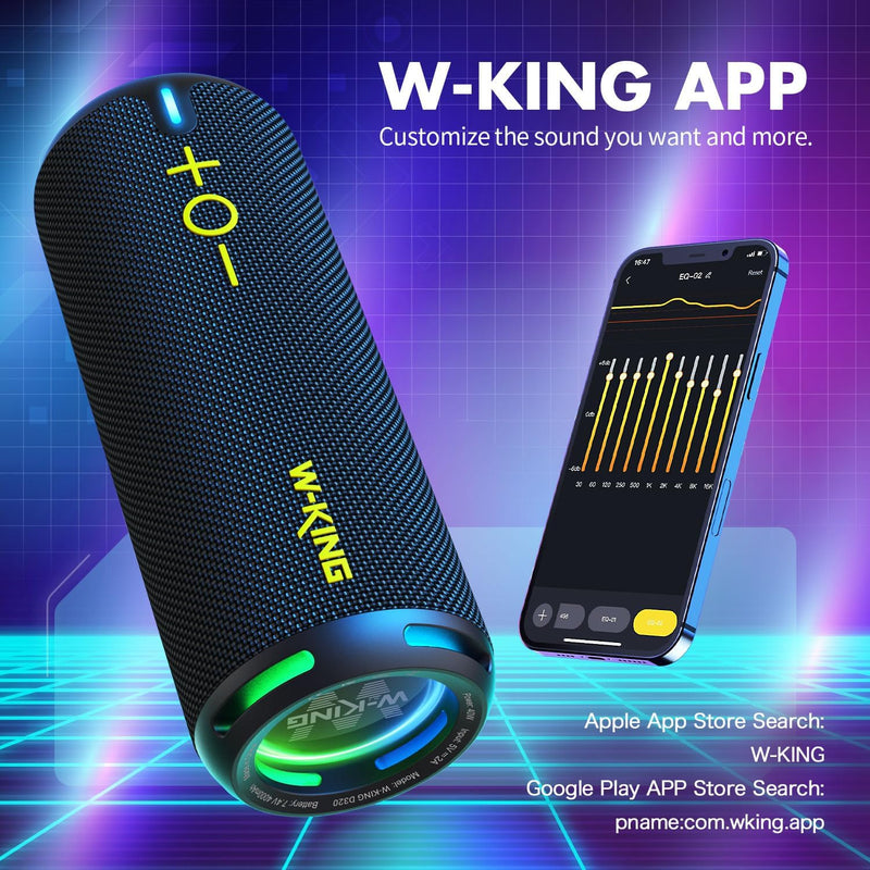 W-KING Bluetooth Lautsprecher Box, IP67 Musikbox Outdoor Tragbarer, Angepasster EQ-App/Diefer Bass,