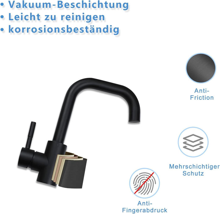 Wasserhahn Bad Waschtischarmatur Waschbecken - Schwarz Matt Armatur 360°Drehbar Kalt Warmwasserhahn
