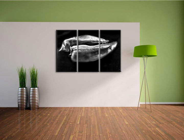 Pixxprint Dark Zwei Chilischoten als Leinwandbild/Grösse: 3 Teilig (120x80) cm/Wandbild/Kunstdruck/f