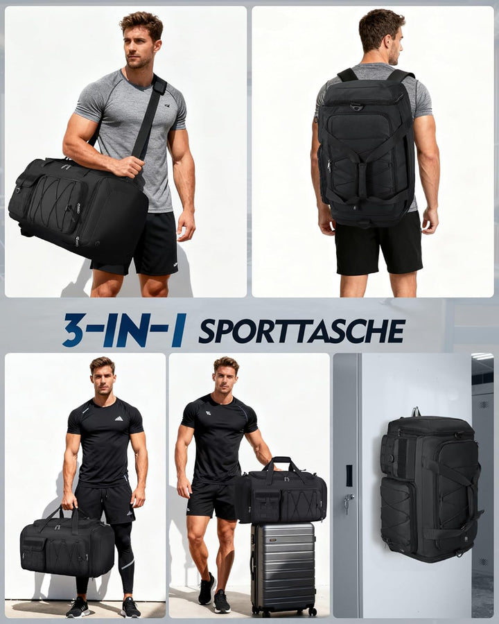 RAINSMORE 45L Sporttasche Herren Damen, 3-IN-1 Reisetasche mit Schuhfach Nassfach, Wasserdicht Gym D