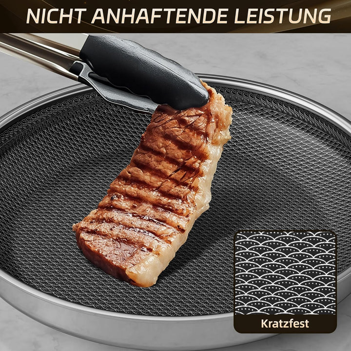 Bratpfanne 28cm, Bratpfanne Edelstahl Antihaft Hybrid, Kühl bleibender Griff, Spülmaschinenfest, PFA