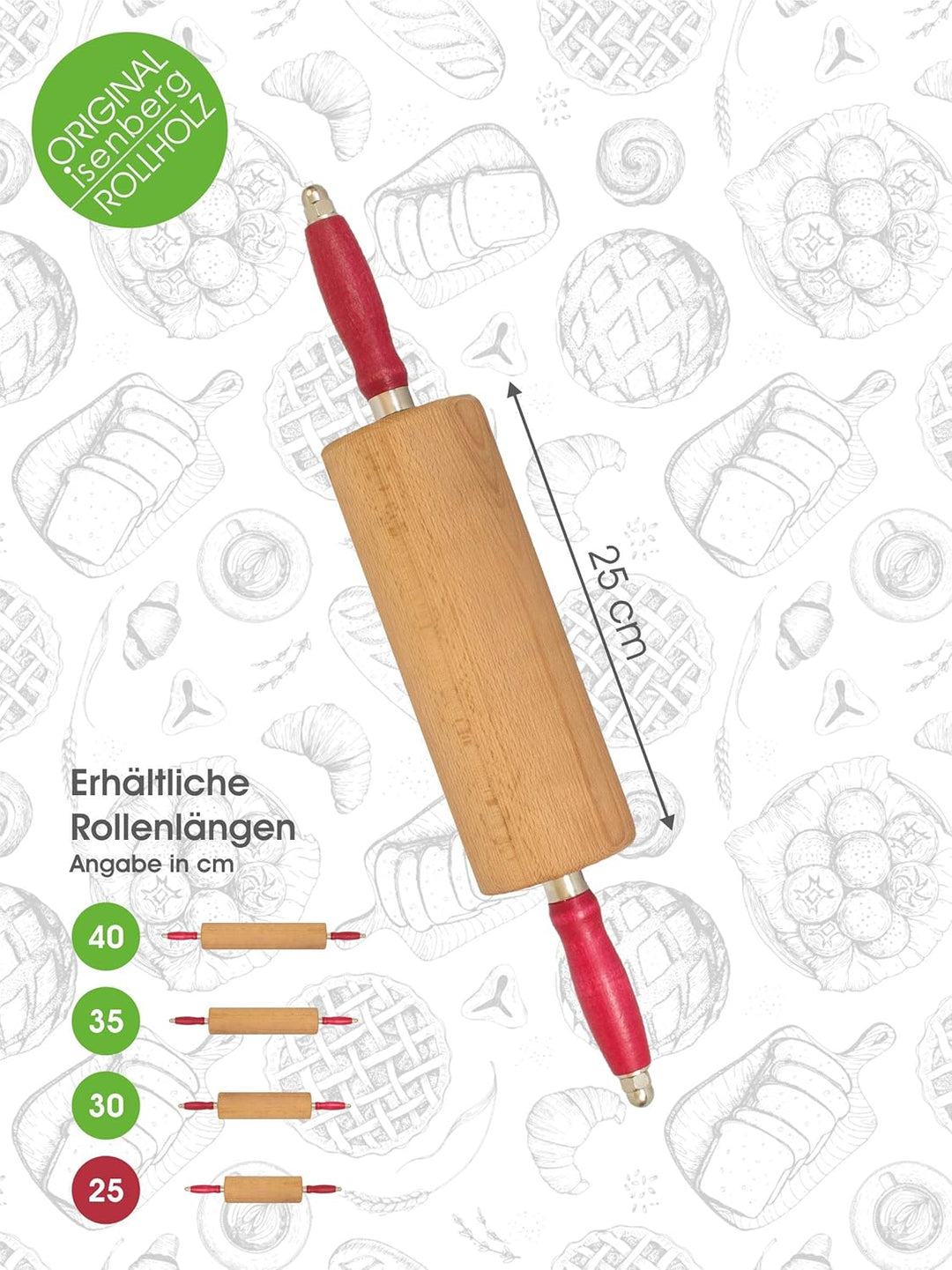 isenberg® Profi Rollholz - aus einem Stück Buchenholz - Kugelgelagert (25 cm) (Nudelholz, Teigrolle,
