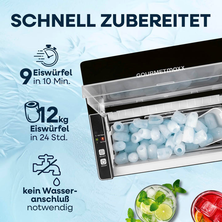 GOURMETmaxx Eiswürfelbereiter 150 Watt für Camping &amp; Co. – kein Wasseranschluss nötig | Eiswürfelmas