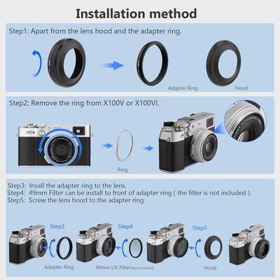 Haoge LH-X51B 2in1 Ultradünne Metall Gegenlichtblende Sonnenblende mit 49mm Adapterring für Fujifilm