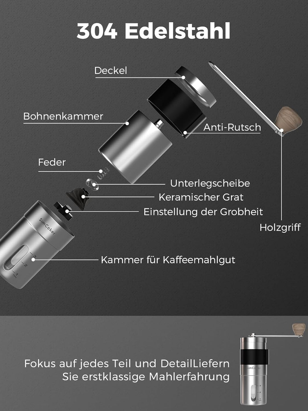 Kaffeemühle Manuell,Keramikmahlwerk mit 20 g Fassungsvermögen,Einstellbare Mahlgrad Einstellung,Hand