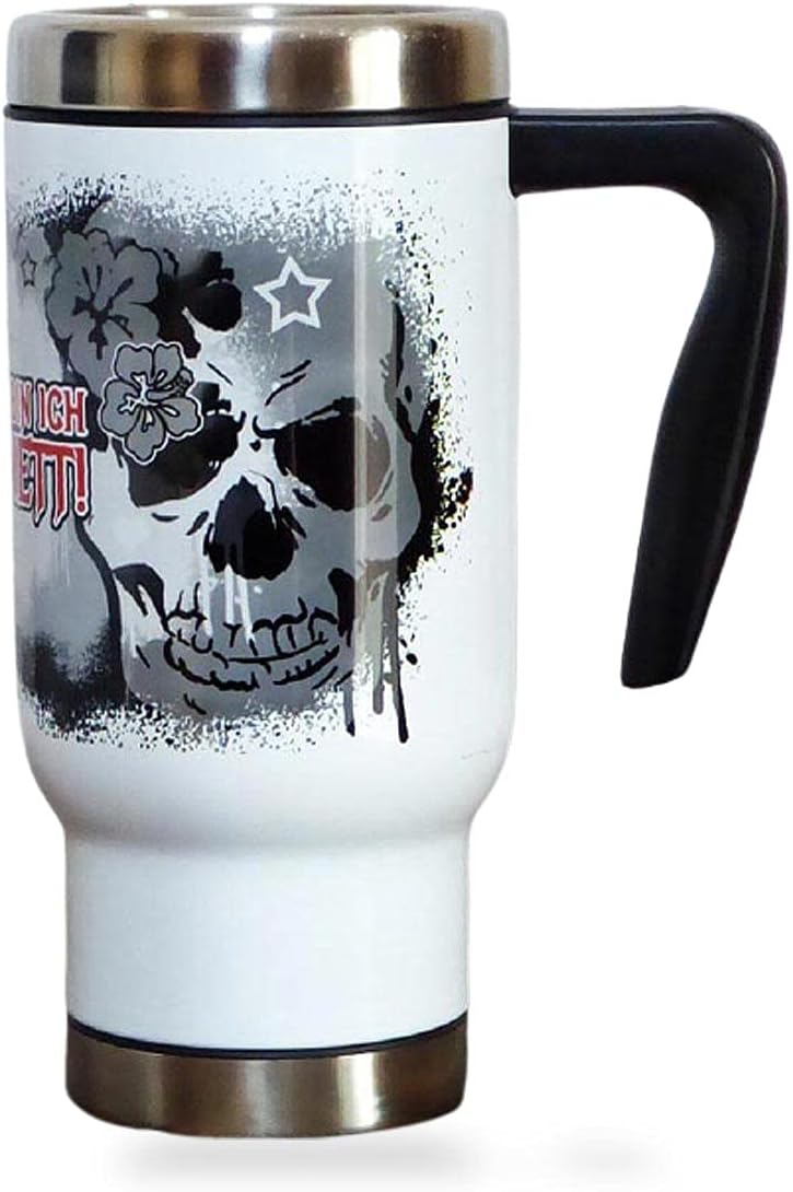 Totenkopf Edelstahl Thermobecher mit Spruch 'Meistens bin ich ganz nett' – 470ml Reisebecher, Handbe