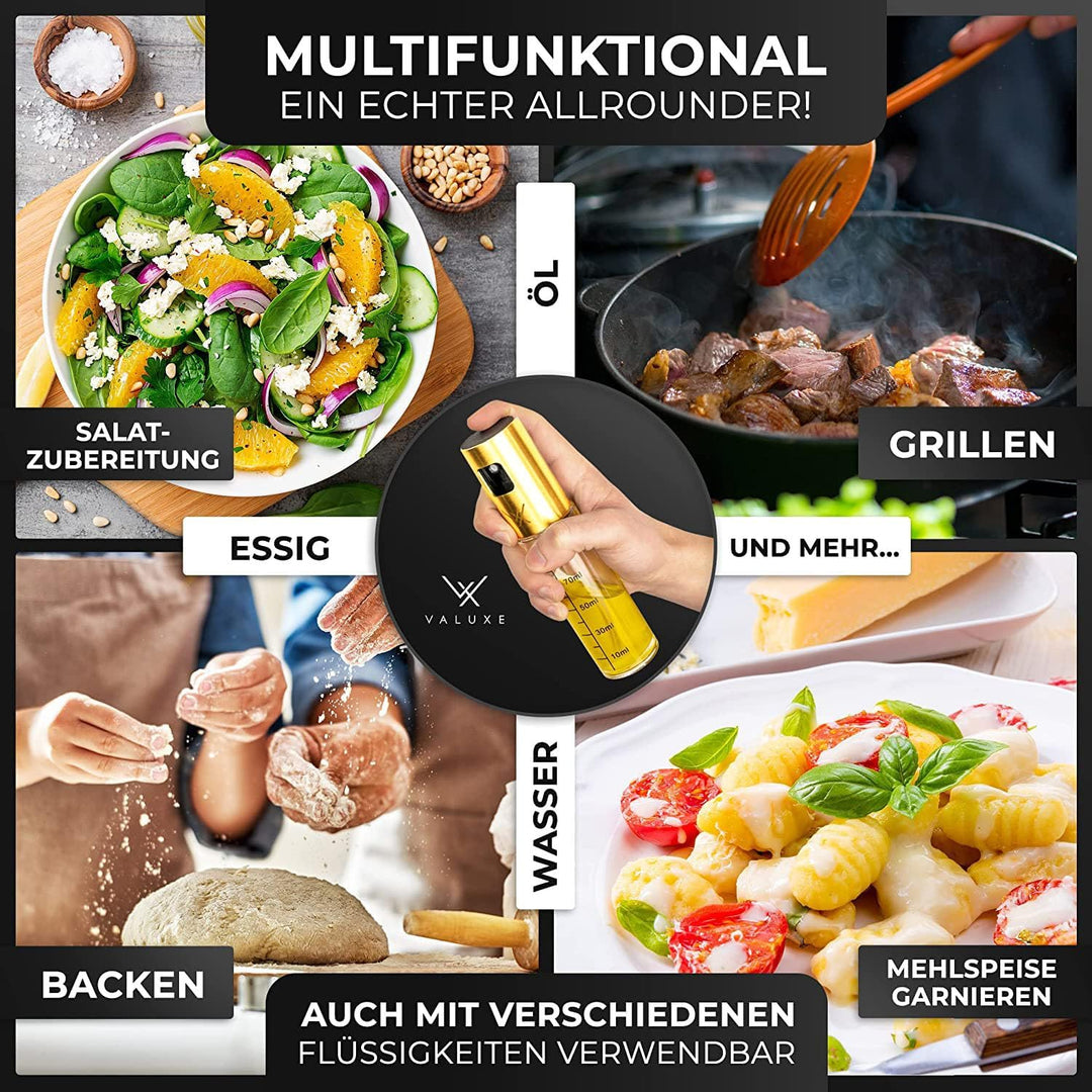 VALUXE® Premium Ölsprüher Gold – Das ORIGINAL - Extrem präzise Öl-Sprühflasche aus Edelstahl und Gla