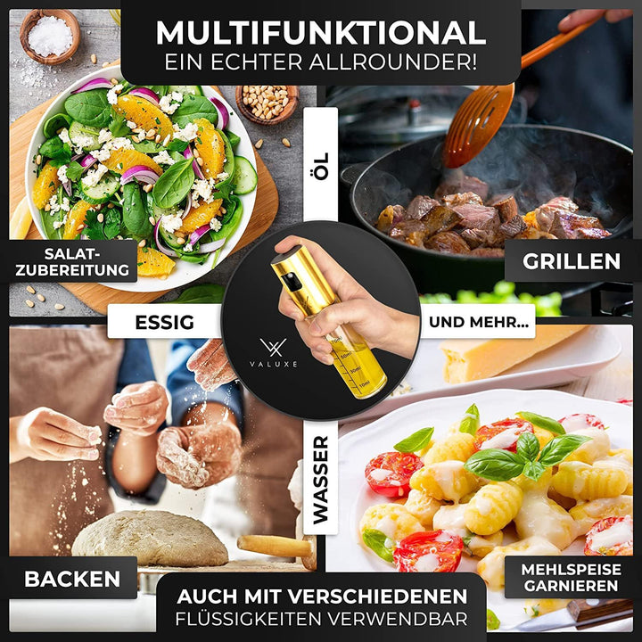 VALUXE® Premium Ölsprüher Gold – Das ORIGINAL - Extrem präzise Öl-Sprühflasche aus Edelstahl und Gla