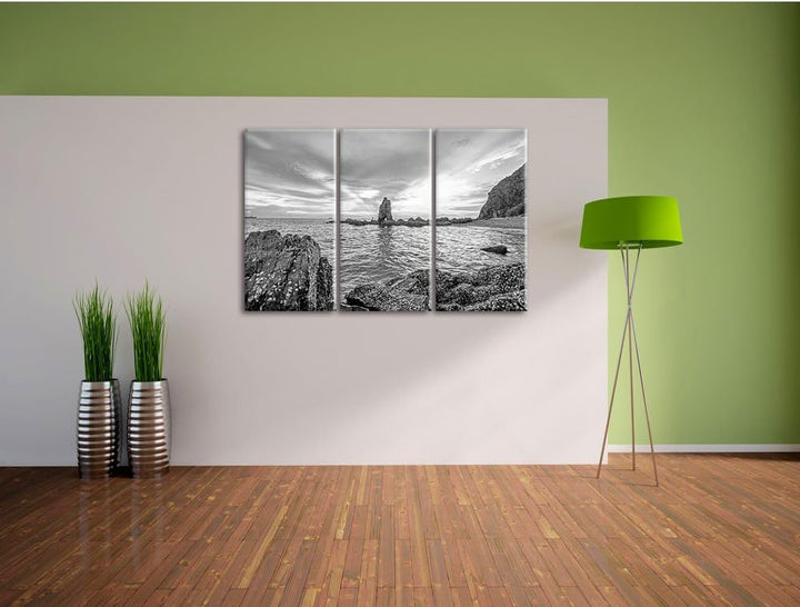 Pixxprint Küstenlinie mit schönen Sonnenuntergang Kunst B&W 3-Teiler Leinwandbild 120x80 Bild auf Le