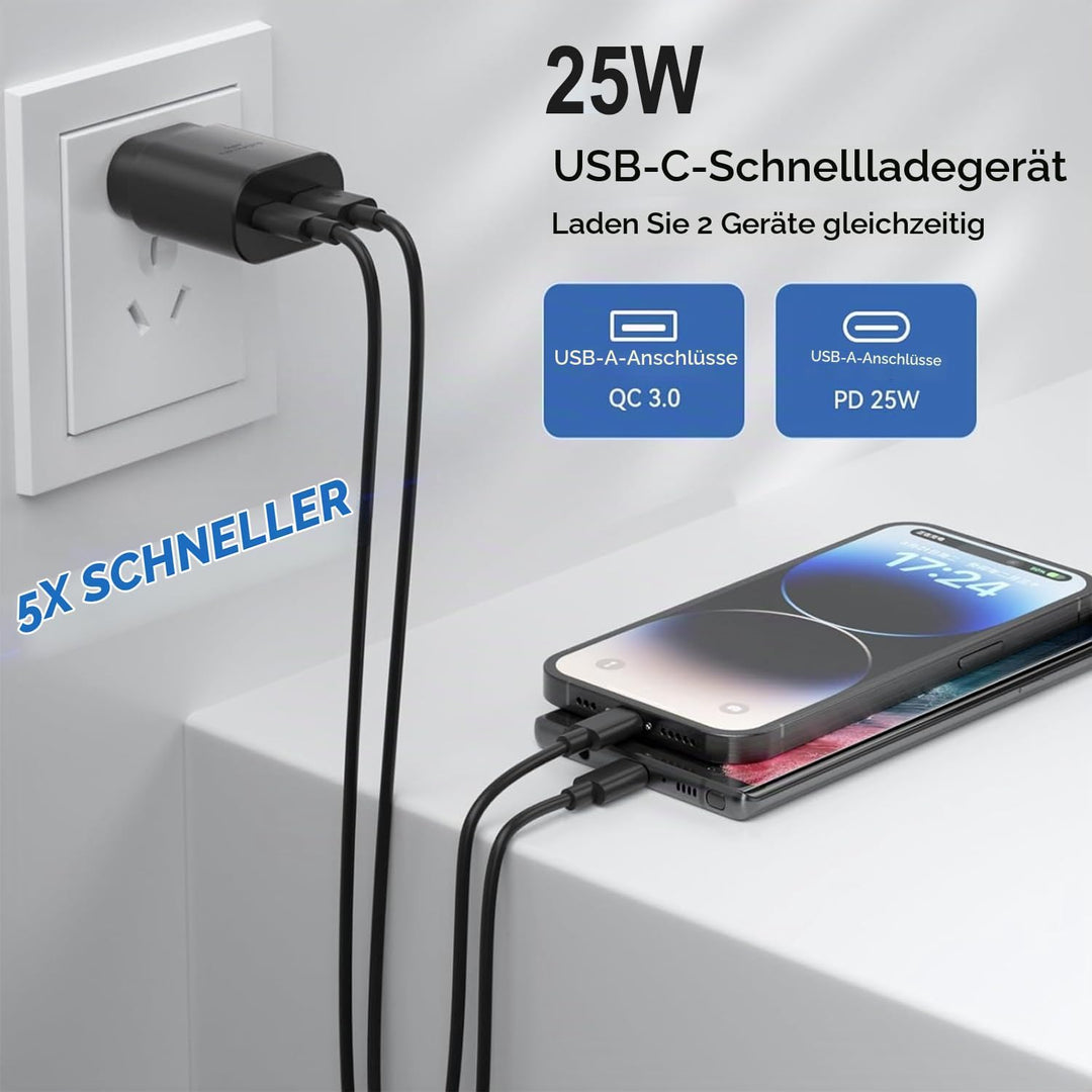 2er Pack USB C Ladegerät mit 2m Schnellladekabel 25W 2Port Schnellladegerät USB A &amp; USBC für Samsung