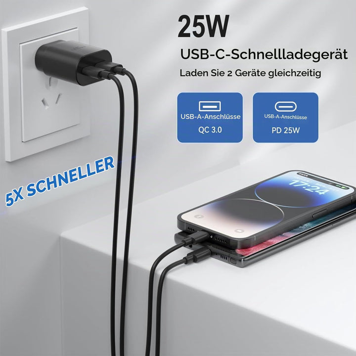 2er Pack USB C Ladegerät mit 2m Schnellladekabel 25W 2Port Schnellladegerät USB A &amp; USBC für Samsung