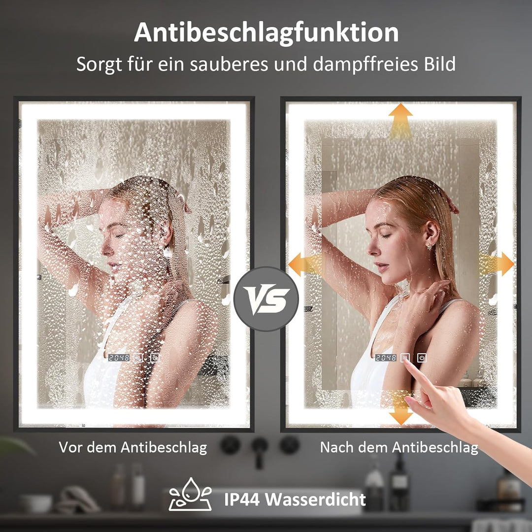 YOURLITE Badspiegel mit Beleuchtung 50x70cm,Badezimmerspiegel mit Beleuchtung und Uhr, 3 Lichtfarben