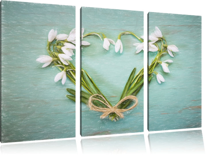 Pixxprint Herz aus Blumen Kunst Buntstift Effekt 3-Teiler Leinwandbild 120x80 Bild auf Leinwand