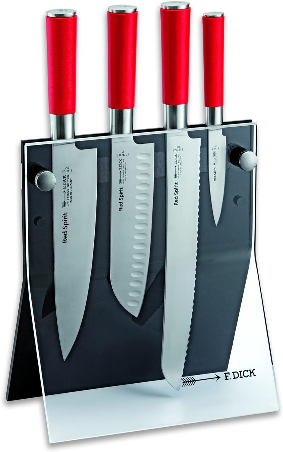 F. DICK Messerblock mit Messer, Red Spirit (Santoku, Kochmesser, Brotmesser, Officemesser, X55CrMo14