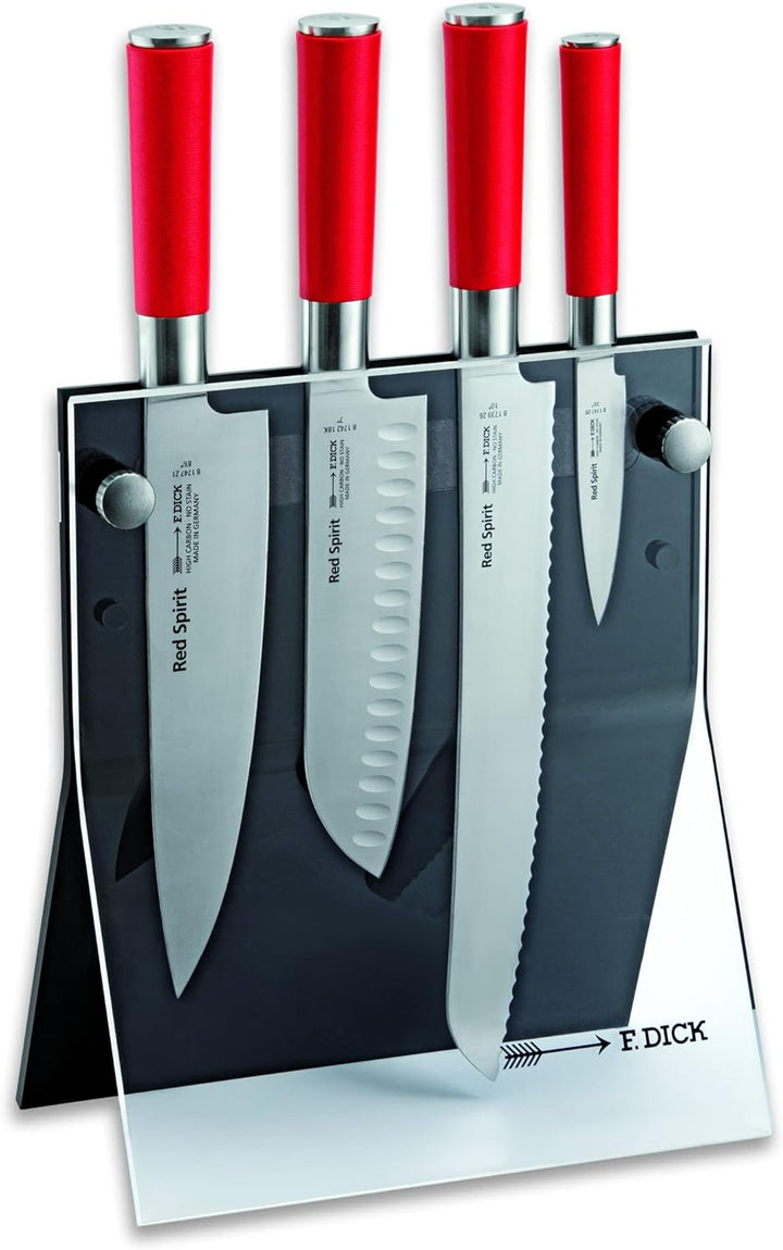 F. DICK Messerblock mit Messer, Red Spirit (Santoku, Kochmesser, Brotmesser, Officemesser, X55CrMo14