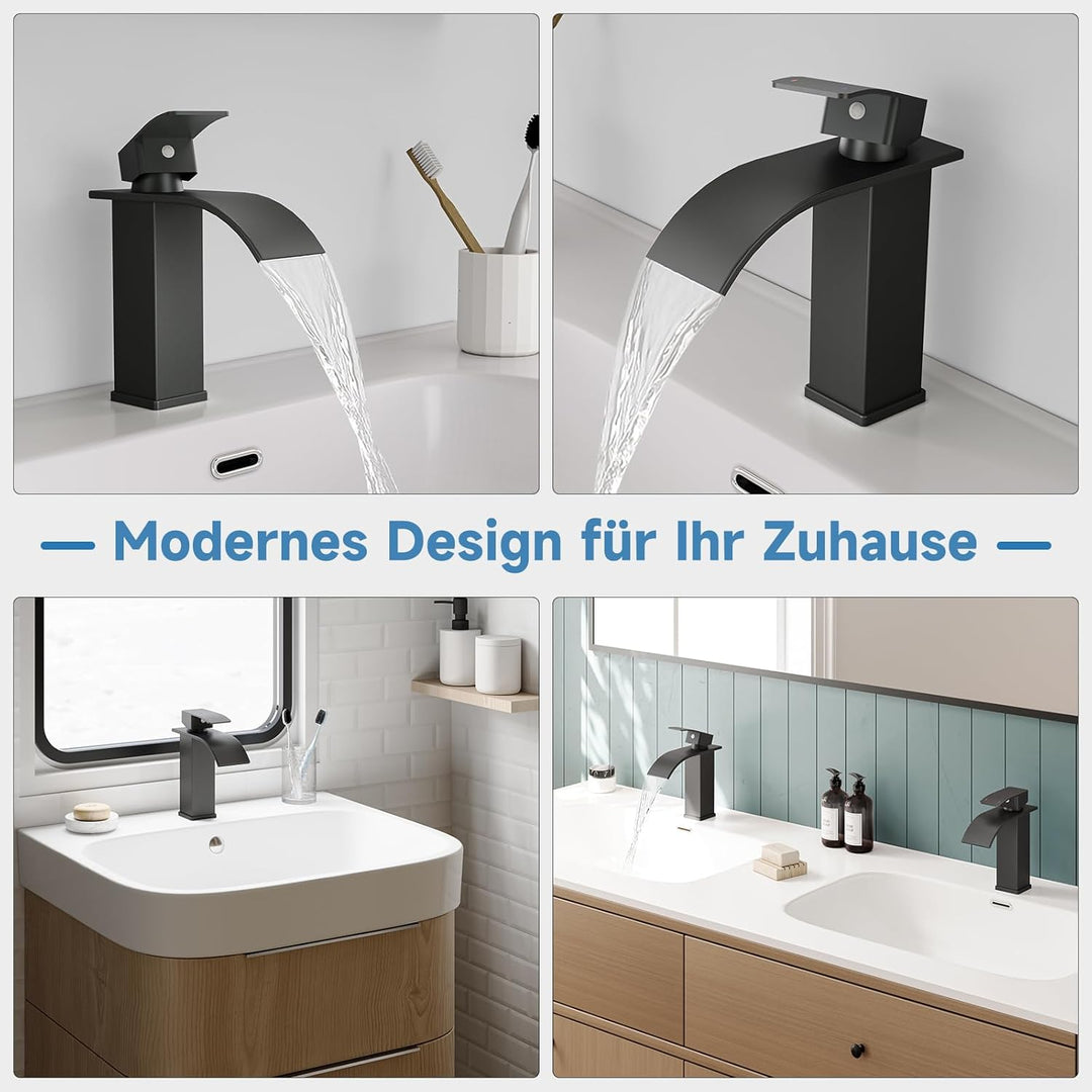 Wasserhahn Bad Schwarz Matt, Wasserfall Wasserhahn, Einhebelmischer Waschbecken，Einloch-Waschtischar