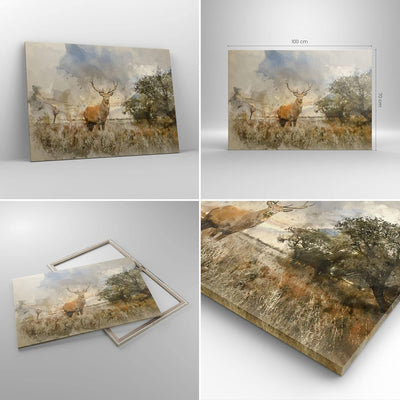 Bilder auf Leinwand 100x70cm Leinwandbild mit Rahmen rotwild natur Gross Wanddeko Bild Schlafzimmer