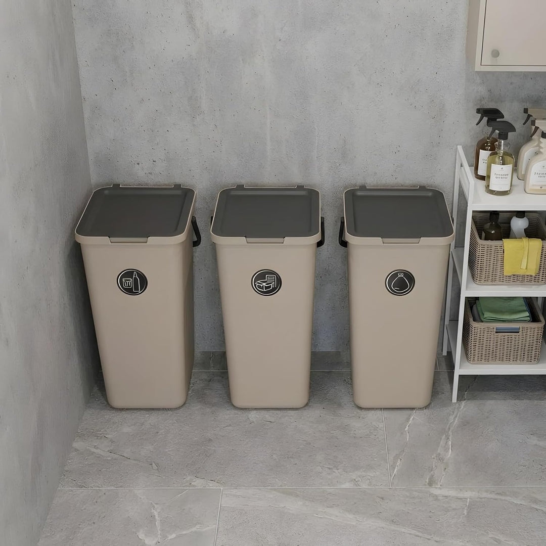 Mülltrennsystem 3 fach, 3x 32l beige, gross, Mülleimer freistehend, geruchsdicht, 34x28x53(H) cm, Be
