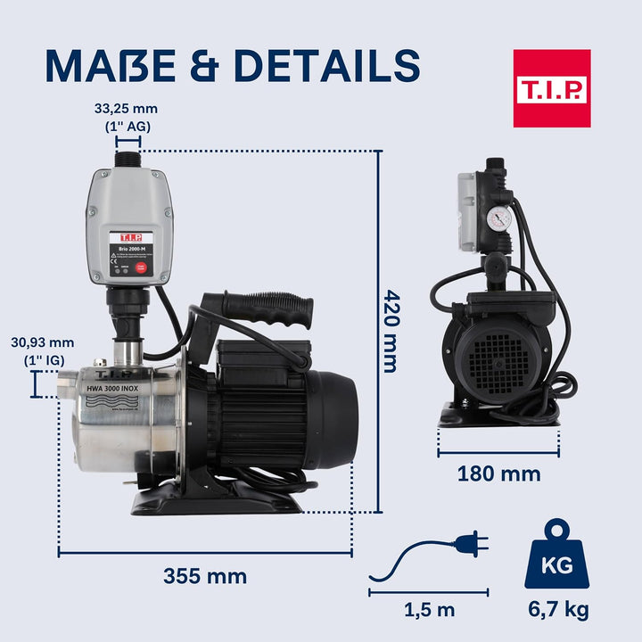 T.I.P. Hauswasserautomat Edelstahl (2.800 l/h Fördermenge, 42 m Förderhöhe, 4,2 bar Druck, 550 W, El