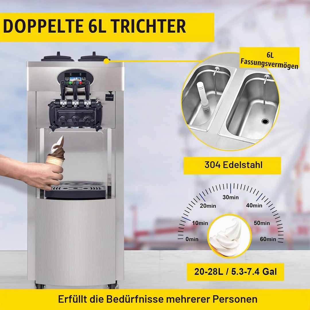Kommerzielle Eismaschine, 20–28 L/h Leistung, 2200 W, Freistehende Softeismaschine mit 3 Geschmacksr