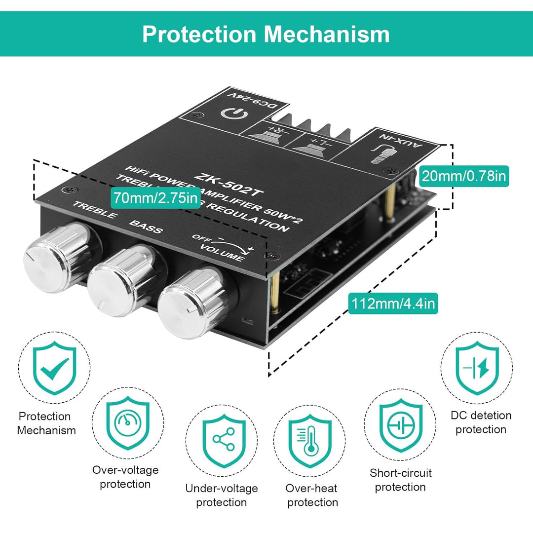 ZK-502T Bluetooth 5.0 Verstärker Hifi Stereo 2x50W, Verstärker mit Bluetooth für Lautsprecher, AUX B