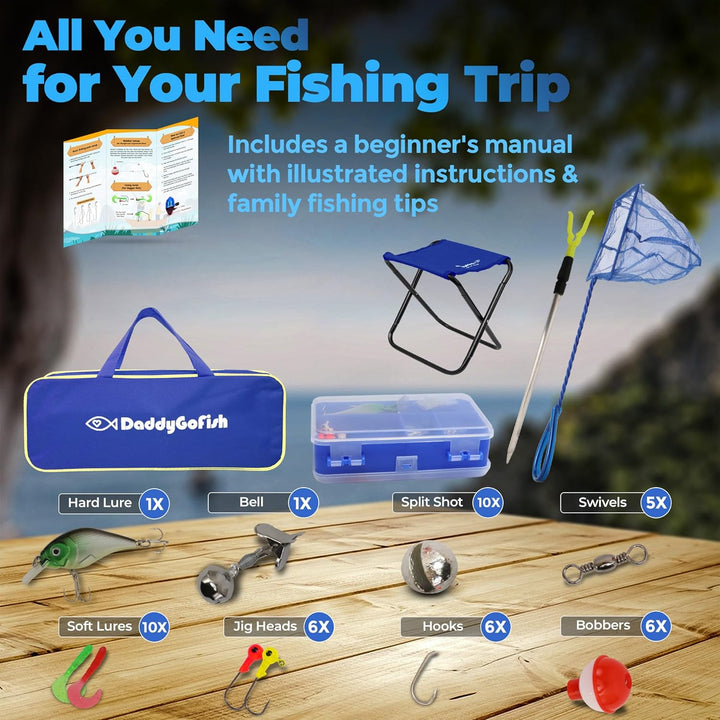 DaddyGoFish Kinder Angelset - Teleskoprute & Rolle Combo mit Klappstuhl, Rutenhalter, Tackle Box, Kö