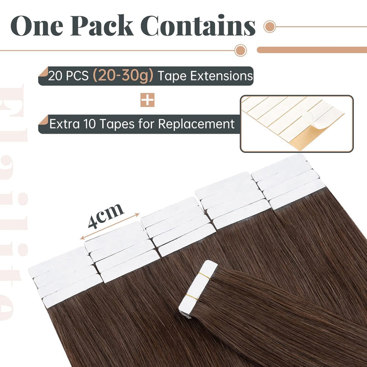 Elailite Echthaar Extensions Tape in #04 Schokobraun 20 stück Invisible Kleber Haarverlängerung Kleb