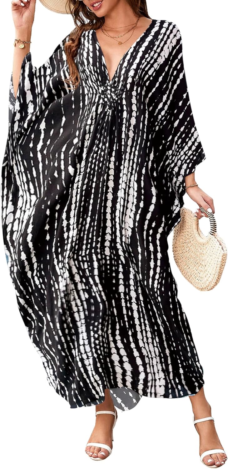 Bsubseach Frauen Plus Grösse Kaftan Kleid Badeanzug Druck Kaftan Strand Cover Up Kleid B-black3, B-b