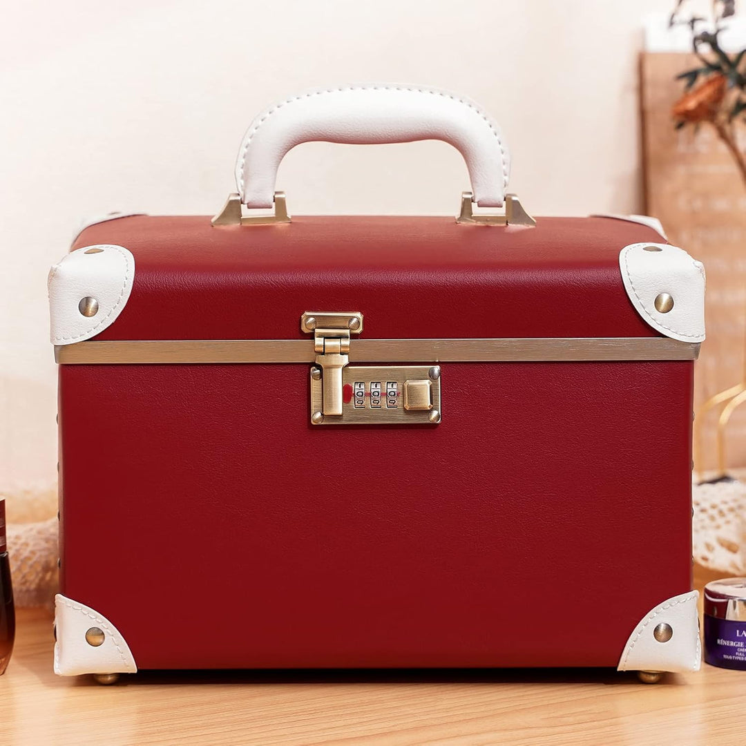urecity Vintage Leder Kosmetikkoffer mit Spiegel - Hartschale Schminkkoffer für Damen, Reise Make-up