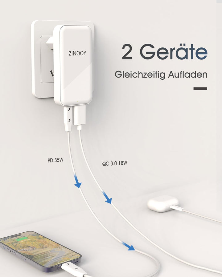 Zinooy USB C Ladegerät 35W, Flat USB Wall Charger, Ultra Slim Power Adapter für iPhone 11/12/13 iPho