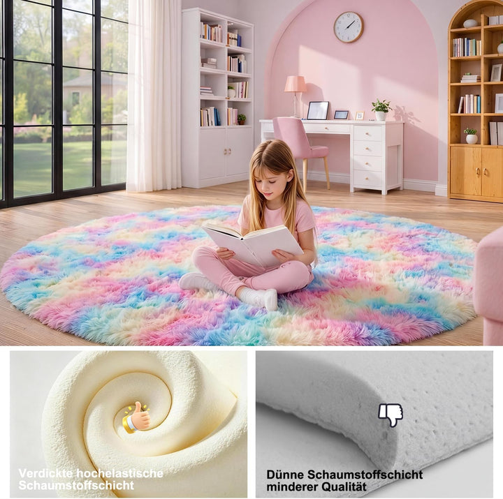 Teppich Rund 100 cm Regenbogen Waschbar Rutschfester Runder Hochflorteppich Wohnzimmer Kinderzimmer