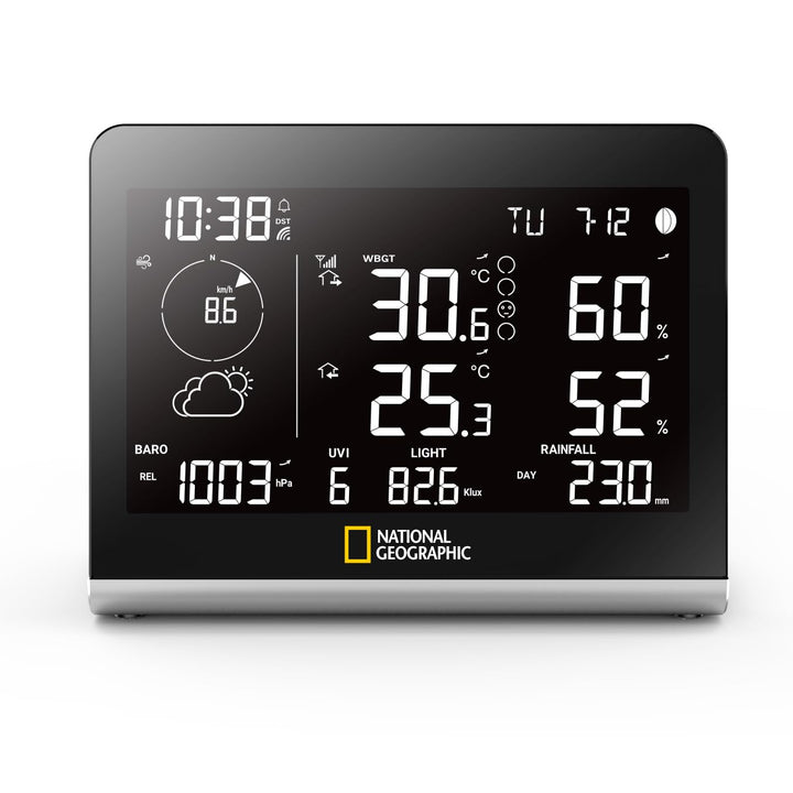 National Geographic Funkwetterstation SC mit 8-in-1-Aussensensor, Farbwechsel-Display, Temperatur, L