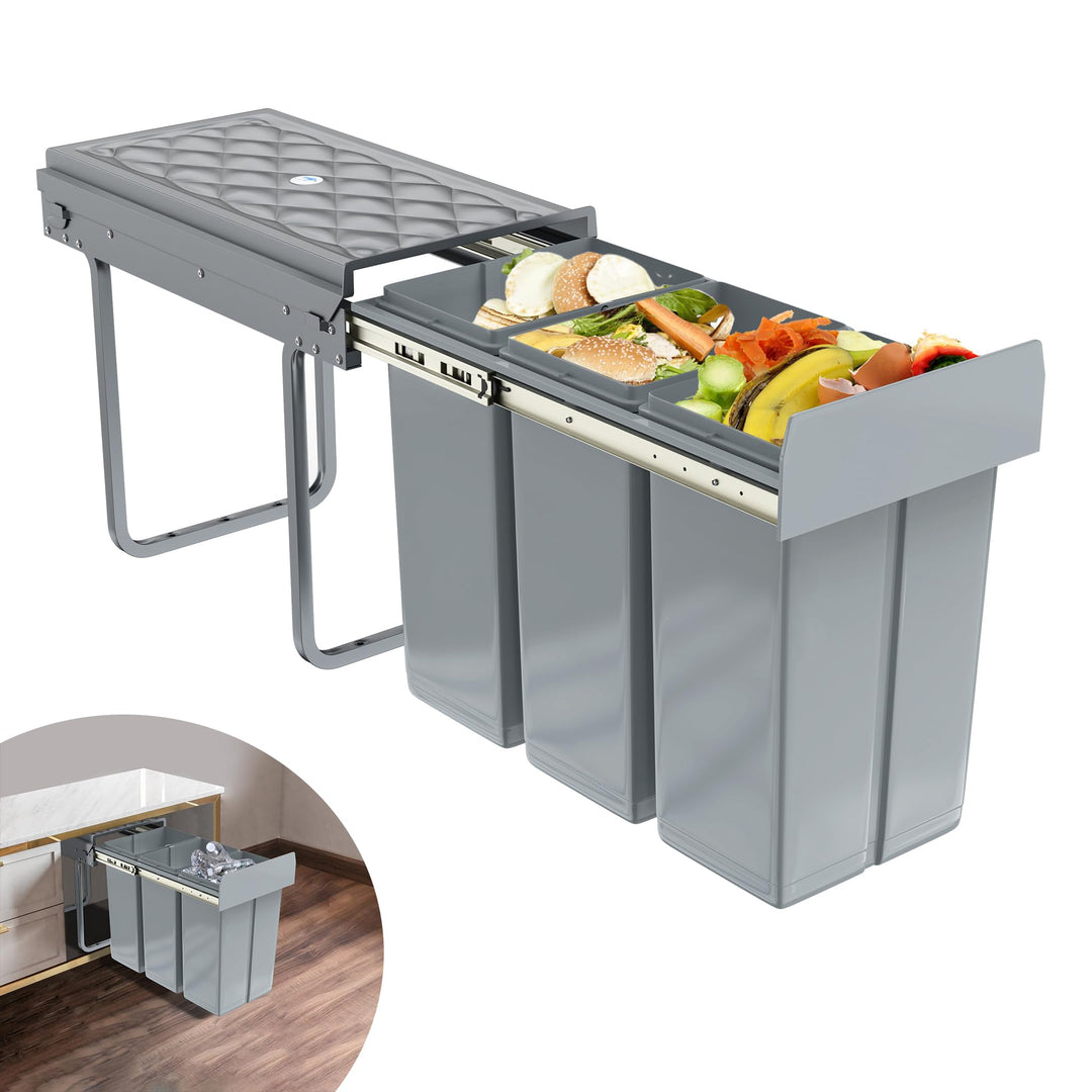 Grau 3 x 10L Einbaumülleimer Mülltrennsystem Ausziehbar Mehrfachbehälter Abfallsammler Schrankmüllei