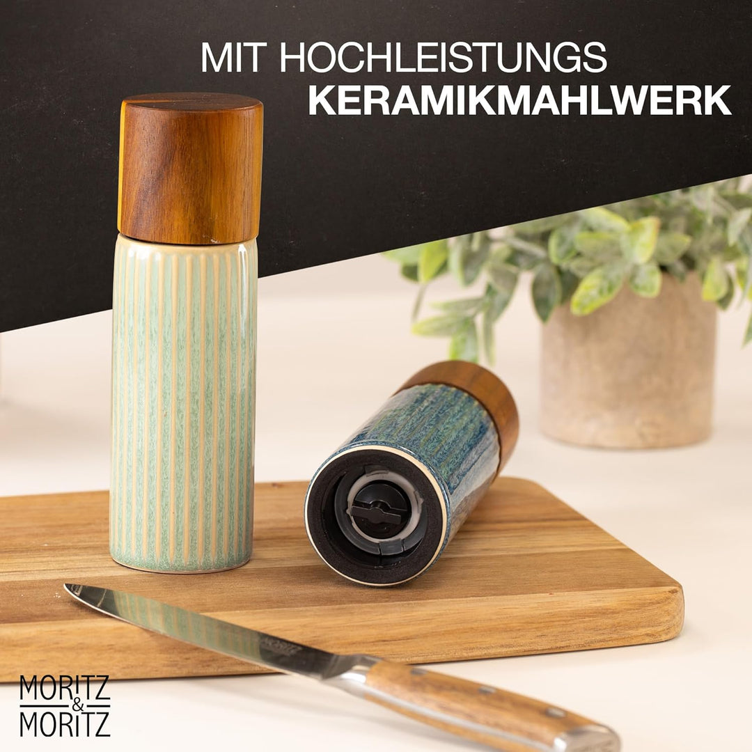 Moritz & Moritz PEPE Gewürzmühle 2er Set blau/grün - Salz und Pfeffermühle aus Steinzeug & Akazienho