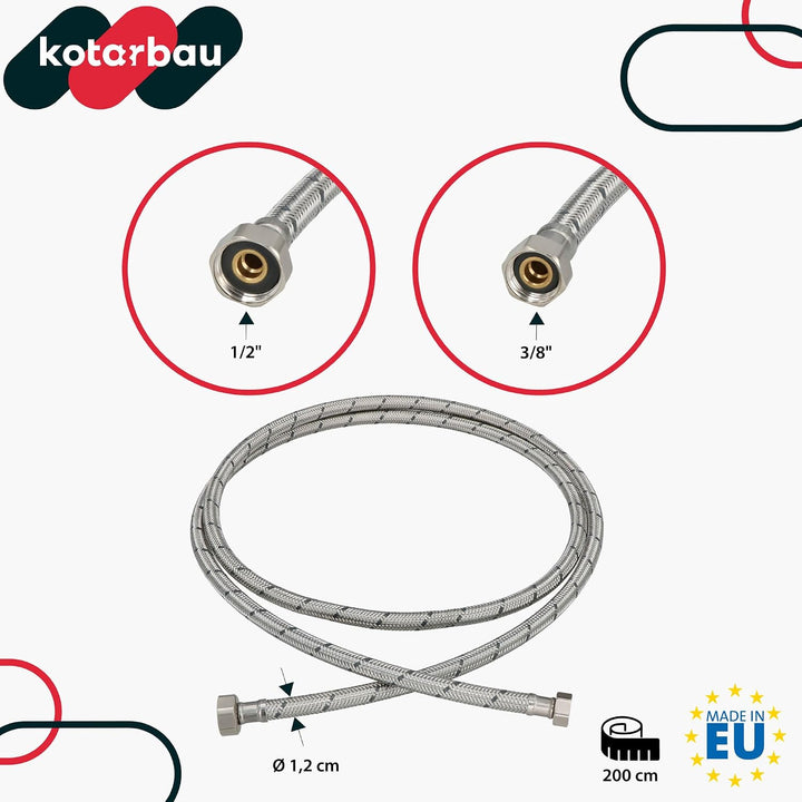 KOTARBAU® Flexschlauch 1/2“ x 3/8“, Wasserschlauch, Panzerschlauch 200 cm | 2er Set, Anschlussschlau