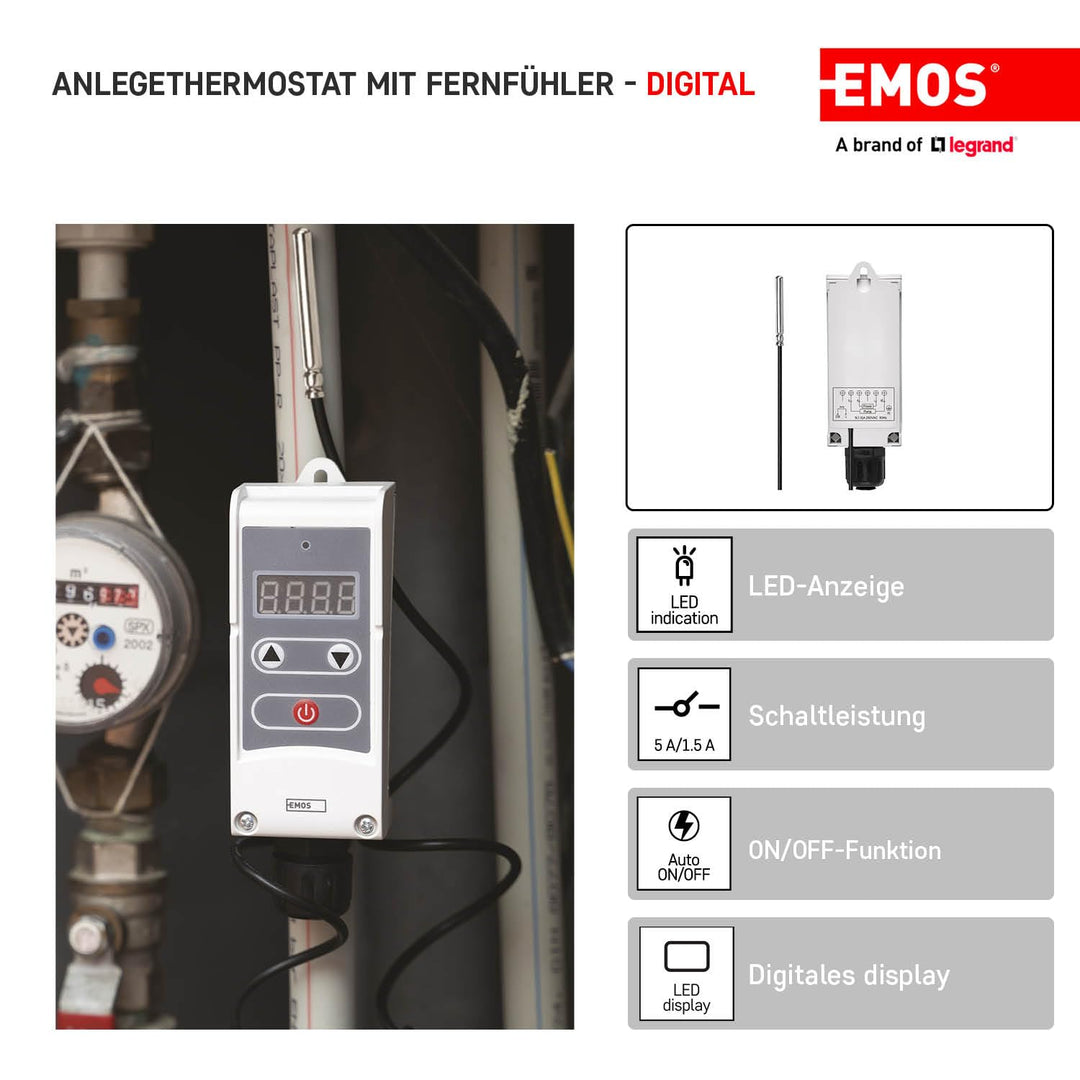 EMOS P5684 Anlegethermostat mit Fernfühler, einstellbarer Schaltempfindlichkeit und digitalem Displa