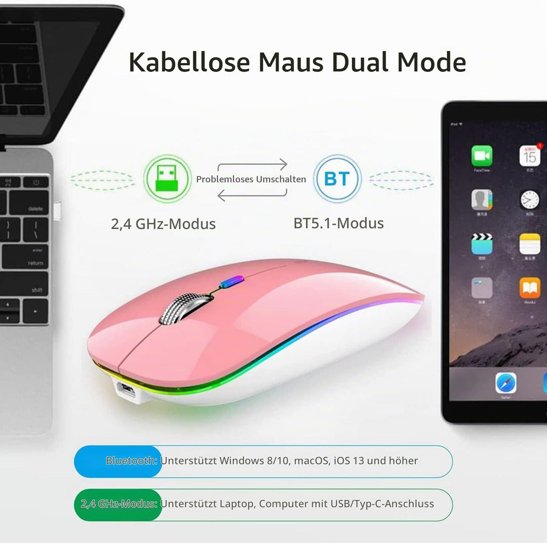 Uiosmuph Bluetooth Maus Kabellose, LED Funkmaus wiederaufladbar Leise Wireless Mouse 2.4GHz Kabellos