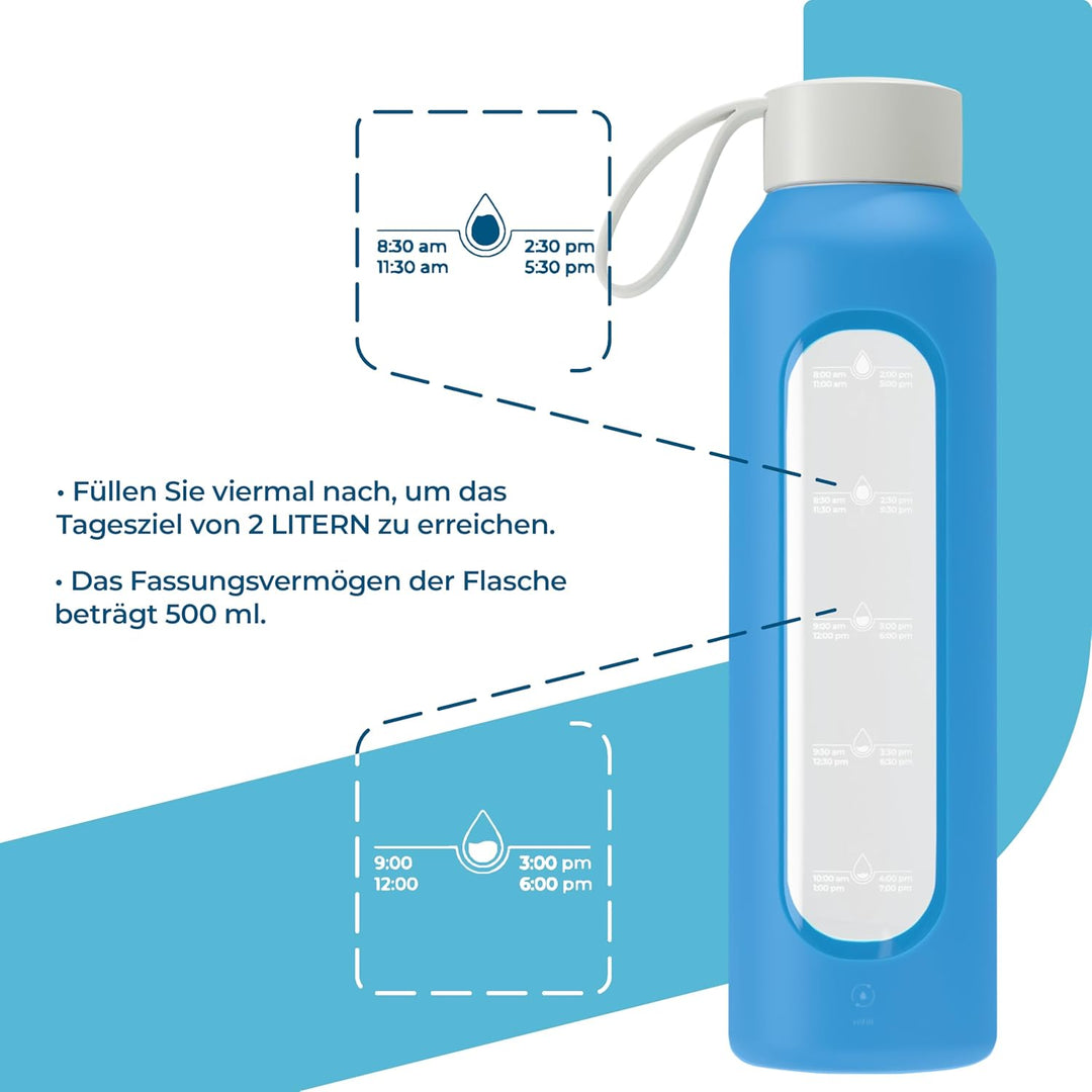 Wessper Trinkflasche Glas 500 ml, Motivations wasser glasflasche mit Hydrationsskala, borosilikatgla