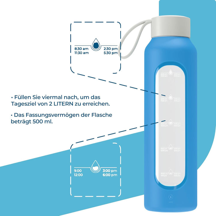 Wessper Trinkflasche Glas 500 ml, Motivations wasser glasflasche mit Hydrationsskala, borosilikatgla