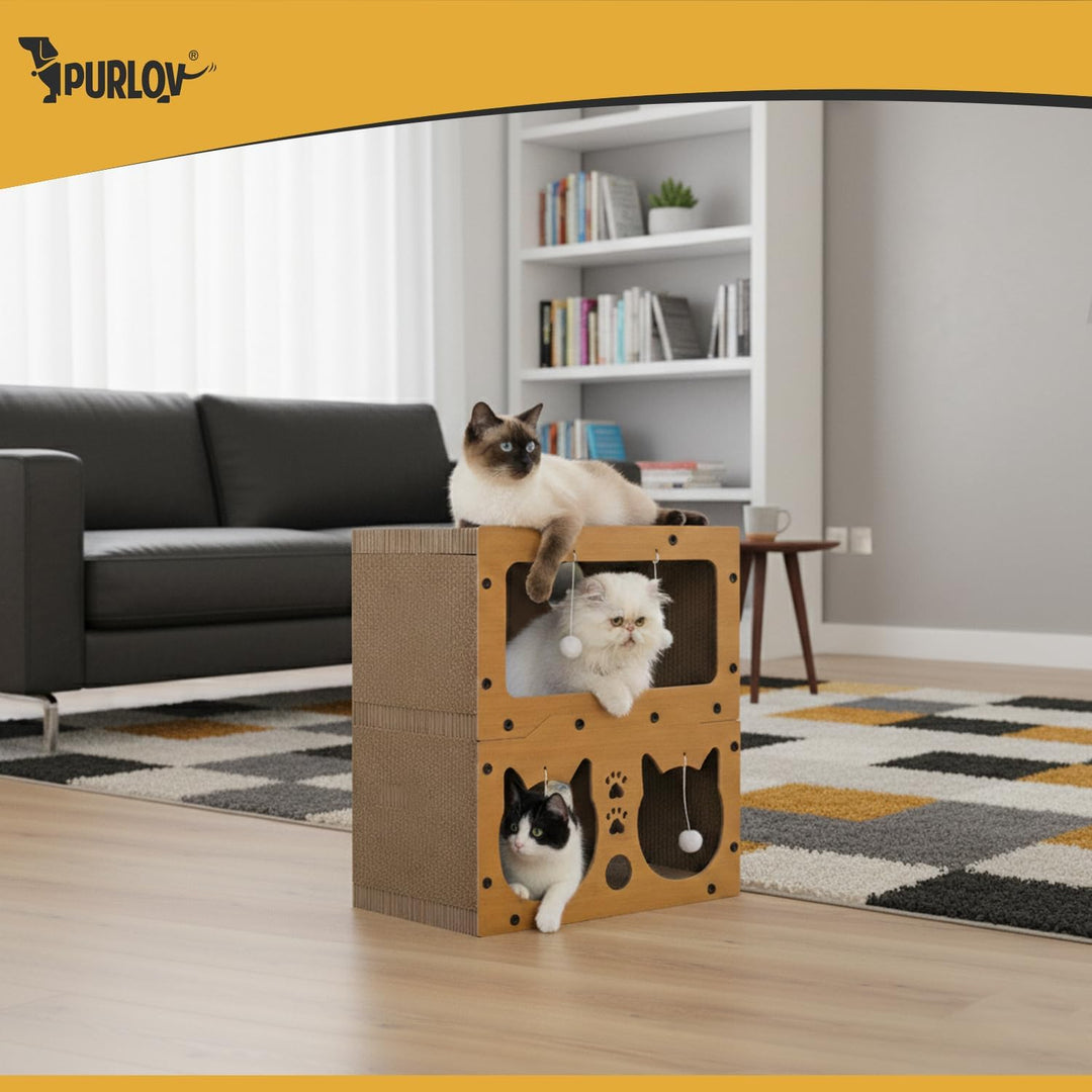 Purlov Katzen Kratzhaus 3-in-1 mit 2 Etagen – HDF & extra Feste Wellpappe, Kratzmöbel & Liegeplatz f