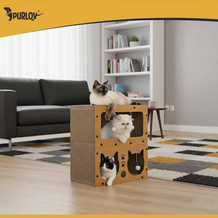 Purlov Katzen Kratzhaus 3-in-1 mit 2 Etagen – HDF & extra Feste Wellpappe, Kratzmöbel & Liegeplatz f