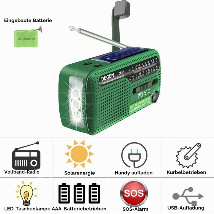 Degen DE13 Cranked Solar FM AM SW Receiver with Flashlight/SOS Alarm/Rechargeable Cell Phone for Eme
