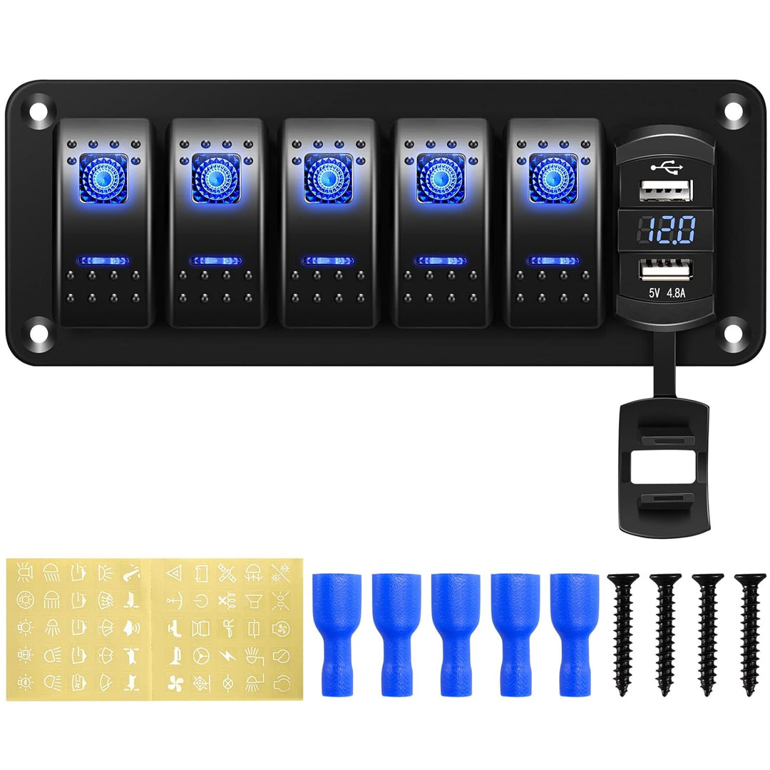 12V/24V Schalter Panel Schaltpanel, Dual-USB-Ladegerät 4.8A LED Voltmeter, Zigarettenanzünder 5 Kipp