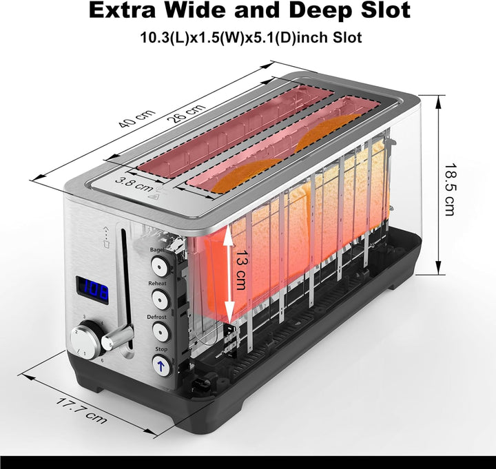 Toaster 4 Scheiben, Doppel-Langschlitztoaster Brötchenaufsatz Krümelschublade LCD Display mit Restze