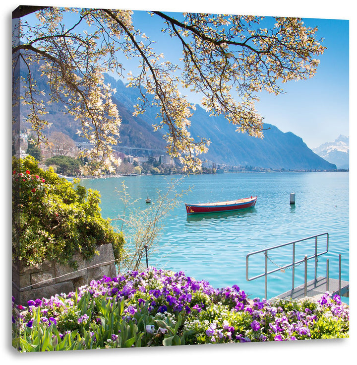 Genfer See im Sonnenschein, Format: 70x70 auf Leinwand, XXL riesige Bilder fertig gerahmt mit Keilra