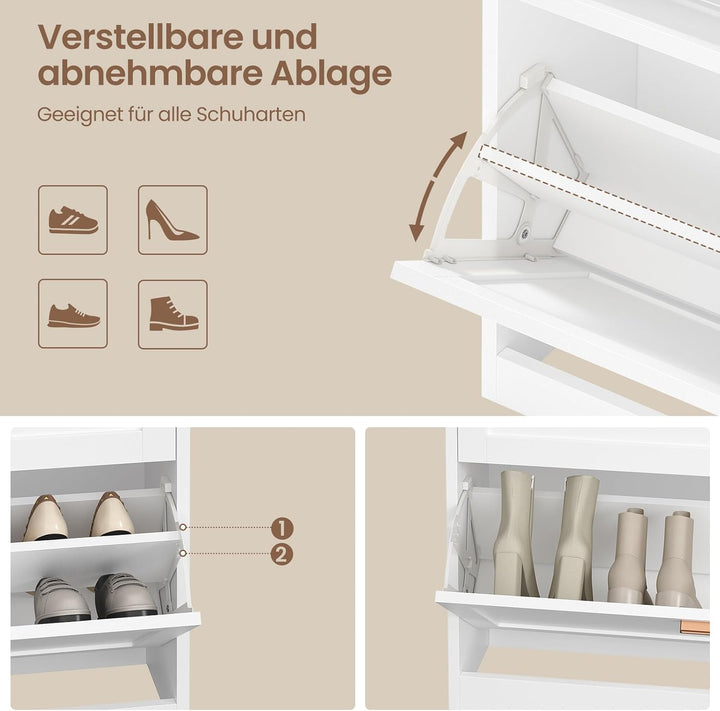 Schuhschrank mit 4 Klappen, Schuhkipper Schmal, Schuhschrank mit 2 Schubladen, Trennwand Verstellbar