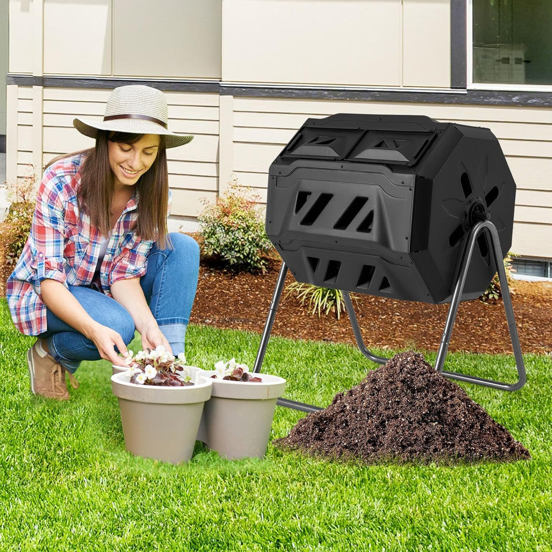 RELAX4LIFE 160L Komposter Garten, Schnellkomposter mit 2 Kammern, 16 Lüftungsschlitzen & Schiebetüre